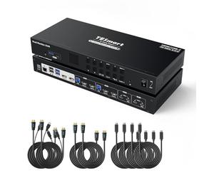 TESmart USB C+HDMI KVM Switch 2 Moniteurs 4 Ordinateurs 4K@60Hz, USB3.0 Docking Station Dual Monitor KVM Switch HDMI 4 Port Extended Display, Audio&Microphone, EDID, MST, Hotkey with PC Cables