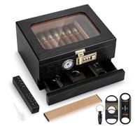 Tesonway Cave à cigares, cave à cigares en bois de cèdre, cave à cigares, avec dessus en verre, hygromètre avant, humidificateur, séparateur, tiroir d'accessoires et serrure à combinaison, peut