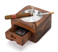 Tesonway Cendrier à cigares carré en bois à 4 emplacements avec accessoires pour cigares, tiroir pour intérieur ou extérieur, terrasse, bureau à domicile, cadeau personnalisé pour homme
