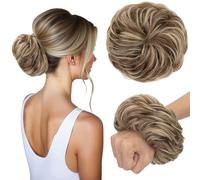TESS Chignon Postiche Cheveux Naturels 45g, Grand Chignon Élastique Bouclé, Extension de Cheveux Humains pour Femmes Châtain chocolat/blond clair