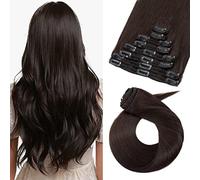 TESS Extensiones de Clip Cabello Natural Marrón Oscuro Extensiones Clip de Pelo Natural 60 cm Extensiones de Pelo Natural Clip Cabello Humano Doble Volumen Double Weft 8 Pcs