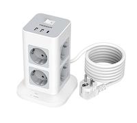 TESSAN 11 en 1 Multiprise avec Interrupteur, Prise Multiple 8 Sorties AC avec 3 USB, Parafoudre et Surtension avec Rallonge Electrique 2M, 3600W Tour Multiprise pour Maison, Bureau, Gris