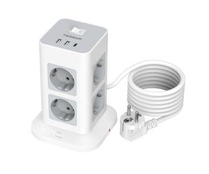TESSAN 11 en 1 Multiprise avec Interrupteur, Prise Multiple 8 Sorties AC avec 3 USB, Parafoudre et Surtension avec Rallonge Electrique 2M, 3600W Tour Multiprise pour Maison, Bureau, Gris