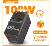 TESSAN Adaptateur de voyage international 100 W GaN avec prise universelle 2 USB A et 2 USB C, chargeur rapide pour EU/UK/USA/AUS