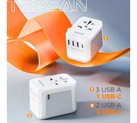 TESSAN Adaptateur de voyage universel dans le monde entier avec USB et type C, chargeur mural tout-en-un à prise internationale pour les voyages US EU UK AUS 633FV-GR