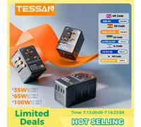 TESSAN - adaptateur de voyage universel GaN 100W, avec USB et Type C, charge rapide, prise International, prise EU/UK/US/AUS pour voyage White 100W