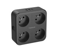 TESSAN Multiprise Murale 4 Prises, 7 en 1 Multiprise avec Interrupteur 4000W, Prise Multiple avec 3 Ports USB pour Domicile, Bureau, Secteur USB C Compatible pour Phone, Pad, Portable, Noire