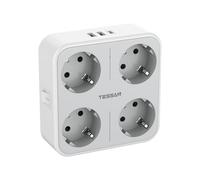 TESSAN Multiprise Murale USB C, Prise Multiple 4 Prises Schuko avec 3 USB Ports, Adaptateur Secteur avec Interrupteur pour Domicile, Bureau, Gris