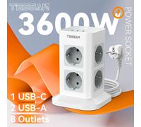 TESSAN tour multiprise avec 2 prises USB + 1 Type C 2M câble d'extension prise ue prise électrique verticale Protection contre les surtensions TPS03-DE-C-GR