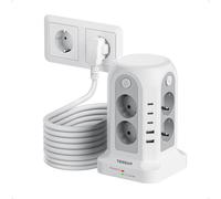 TESSAN Tour Multiprise avec Interrupteur, Rallonge Electrique 10M avec USB | Prise Multiple Parafoudre et Surtension, 3680W, 8 Prises Secteur, 2 USB-A & 3 USB-C, Pour Maison Bureau, Gris
