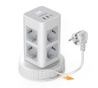 TESSAN Tour Multiprise avec Rallonge Electrique 2M, 2500W Multiprise avec Interrupteur, 8 Sorties AC et 3 Ports USB (2 A + 1 C), Prise Multiple pour Bureau et Maison, Gris