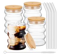 Tessco Lot de 4 gobelets créatifs en verre avec couvercles et pailles, brosse - 355 ml - Verres à boire vintage nervurés - Verres esthétiques en forme de vague pour jus de fruits et café