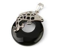 Tesselite Pierre Naturelle Creux Cercle Perle Pendentif en Forme De Poisson Clip Donut Noir Onyx Vert Aventurine Pendentifs Collier pour Femmes Hommes, Onyx Noir, Taille Unique