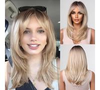 testar Perruque blonde pour femme avec épaules longues et droites avec frange blonde mélangée de cheveux naturels blancs résistants à la chaleur pour fête cosplay