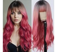 testar Perruques longues ondulées rose rouge ombré pour femme Perruques bouclées noires roses avec frange Racines foncées Perruque de cosplay synthétique sans colle pour usage quotidien