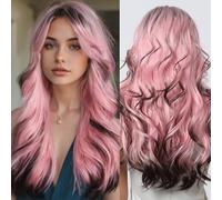 testar Perruques roses bouclées pour femme - Perruques longues roses et noires avec frange de rideau - Perruques synthétiques ondulées résistantes à la chaleur pour filles - 66 cm