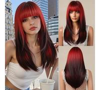 testar perruques synthétiques rouges et noires pour femmes, perruques rouges longues et lisses avec frange à Air, perruque de Cosplay synthétique résistante à la chaleur pour noël