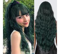Testar Perruques vertes ombrées avec frange - Perruques synthétiques longues ondulées vert foncé résistant à la chaleur pour femmes et filles - 71,1 cm