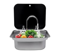 TESUGN RV Ensemble d'évier de camping en acier inoxydable avec robinet plié, couvercle en verre trempé, 41 x 36,5 x 16 cm, bol simple pour lavabos à main