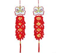 Tet Vietnamien Tissu Flocage Rouge Couplets Décoration | Tissu floqué doux, pour une texture durable, motif lion, symboles porte-bonheur, couleur rouge festive