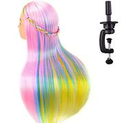 Tête à coiffer de cosmétologie 60 cm, cheveux 100% synthétiques couleur arc-en-ciel, pour apprentissage de coiffeur, tête à coiffer avec serre-joint pour table (Rose)