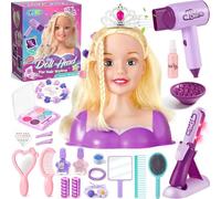 Tete a Coiffer Maquiller Jouet Enfant Fille 4 5 6 7 8 Ans Tête de Poupée de Maquillage Accessoires Tête à Coiffer Sèche Cheveux Coiffure de Salon Coiffure Jouets Cadeau Anniversaire Fille 3+ Ans