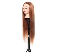 Tête à coiffer professionnelle en cheveux synthétiques marron, avec support à étau, idéale pour s’exercer à la profession de coiffeur
