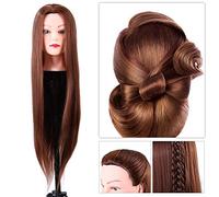 Tête à coiffer professionnelle en cheveux synthétiques marron, avec support à étau, idéale pour s’exercer à la profession de coiffeur