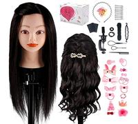 Tête à Coiffer, TwoWin 100% Vrais Cheveux Tête de Mannequin d'exercice de Coiffure 45cm 18" Noir Cosmétologie Têtes à Coiffer avec Support + DIY Ensemble de Tresse, Tete a coiffer professionnel
