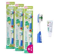 tête de brosse gum Playbrush KIDS 3+ | compatible avec la brosse à dents électrique GUM | brins extra-souples | 3x2 têtes | échantillon dentifrice KIDS | Bleu