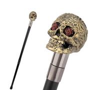 Tête de Crâne avec Rose Cane Marche Résine Métal - Bâton Orné Gentleman Britannique Luxe pour Hommes Femmes Anciens, Cosplay(SZ-01)
