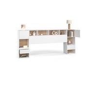 Tête de lit sur pied CAMPHA 240 cm avec chevets tiroir + placards + niches bois et blanc