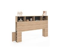 Tête de lit sur pied CLEO 165 cm avec rangements fermés et niches façon hêtre et noir