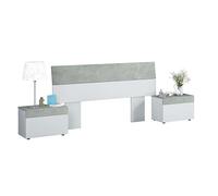 Tête de lit + Tables de chevet, Chambre à coucher, Modèle Tekkan, Finition en Blanc Artik et Gris Ciment, Dimensions : 176 cm (Longueur) x 96,5 cm (Hauteur)