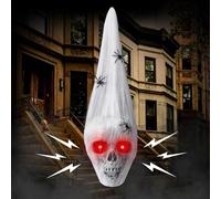 Tête de Mort à Suspendre pour Decoration Halloween Exterieur de 33 cm Recouverte de Toiles D'araignée et D'yeux Lumineux, Fait Un Bruit étrange, pour de Fête Décoration Halloween (Petit)
