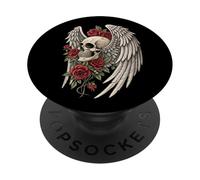 Tête de Mort, Ailes & Roses Rouges Skull Gothique Rock Dark PopSockets PopGrip Adhésif