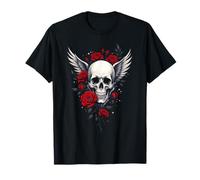 Tête de mort, ailes & roses rouges skull gothique rock dark T-Shirt