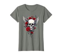 Tête de mort, ailes & roses rouges skull gothique rock dark T-Shirt