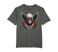 Tête de Mort, Ailes & Roses Rouges Skull Gothique T-Shirt