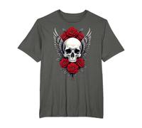 Tête de Mort, Ailes & Roses Rouges Skull Gothique T-Shirt