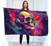 Tête de mort avec écouteurs Drapeau - Musique Grand Drapeau Drôle - Impression recto verso - Polyester 110D - Double Couture - 2 Oeillets en Laiton - Grand 90x150cm (5x3ft)