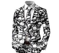 Tête de Mort Blazer Homme Roses Imprimé Fleurs Coupe Ajustée Revers Cranté avec Poches Simple Boutonnage Squelette Halloween Horreur Gothique Séance Photo Spectacle Veste Costume Déguisement