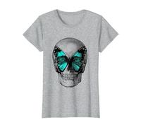 Tête de Mort et Papillon T-Shirt, Femme, Gris Chiné, 3XL