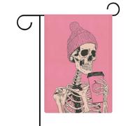 Tête de mort portant un bonnet rose tricoté, drapeau de jardin, vacances saisonnières, toile de jute double face, drapeaux d'extérieur pour maison, cour, 30,5 x 45,7 cm