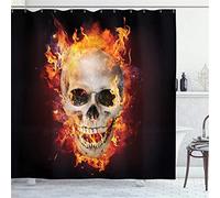Tête De Mort Rideau De Douche Squelette Effrayant Tête en Feu avec des Flammes dans L'Obscurité Design Gothique Tissu Tissu Salle De Bain Décor Ensemble avec Crochets 180x180cm