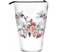 Tête de mort télescopique crayon papeterie étui stylos boîte de rangement avec fermeture éclair pour femmes hommes garçons filles floral couple croquis tête os feuille botanique plante rose squelette