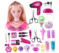 Tête de poupée pour coiffure 35 pièces/ensemble tête de coiffure simulée poupée pour enfants avec sèche-cheveux alimenté par batterie apprentissage imaginatif et maquillage jouets jeu simulatio