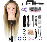 Tête d'entraînement avec pince de table et accessoires de coiffure - tête de coiffeur - tête d'exercice de coiffure - tête de poupée - cheveux blonds ombrés - 70 cm