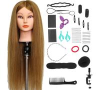 Tête d'exercice 90% cheveux humains avec pince de bureau et accessoires de coiffure - Tête de coiffeur - Tête d'exercice coiffeur - Marron - 65 cm