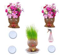 Tête d'Herbe pour Faire Pousser Les Cheveux, Pot à Tête de Poupée, Plante Verte de Bureau, Mini Bonsaï avec Plateau, Plante pour Enfants (Arrosoir)